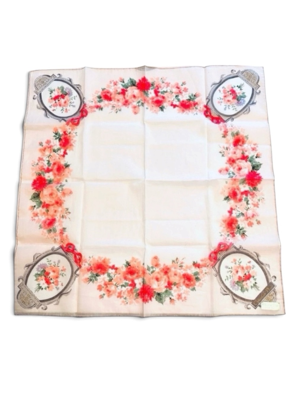 Christian Dior Silk Scarf 18.5” Floral Wreath Pink Gold NOS Sticker Tag CD